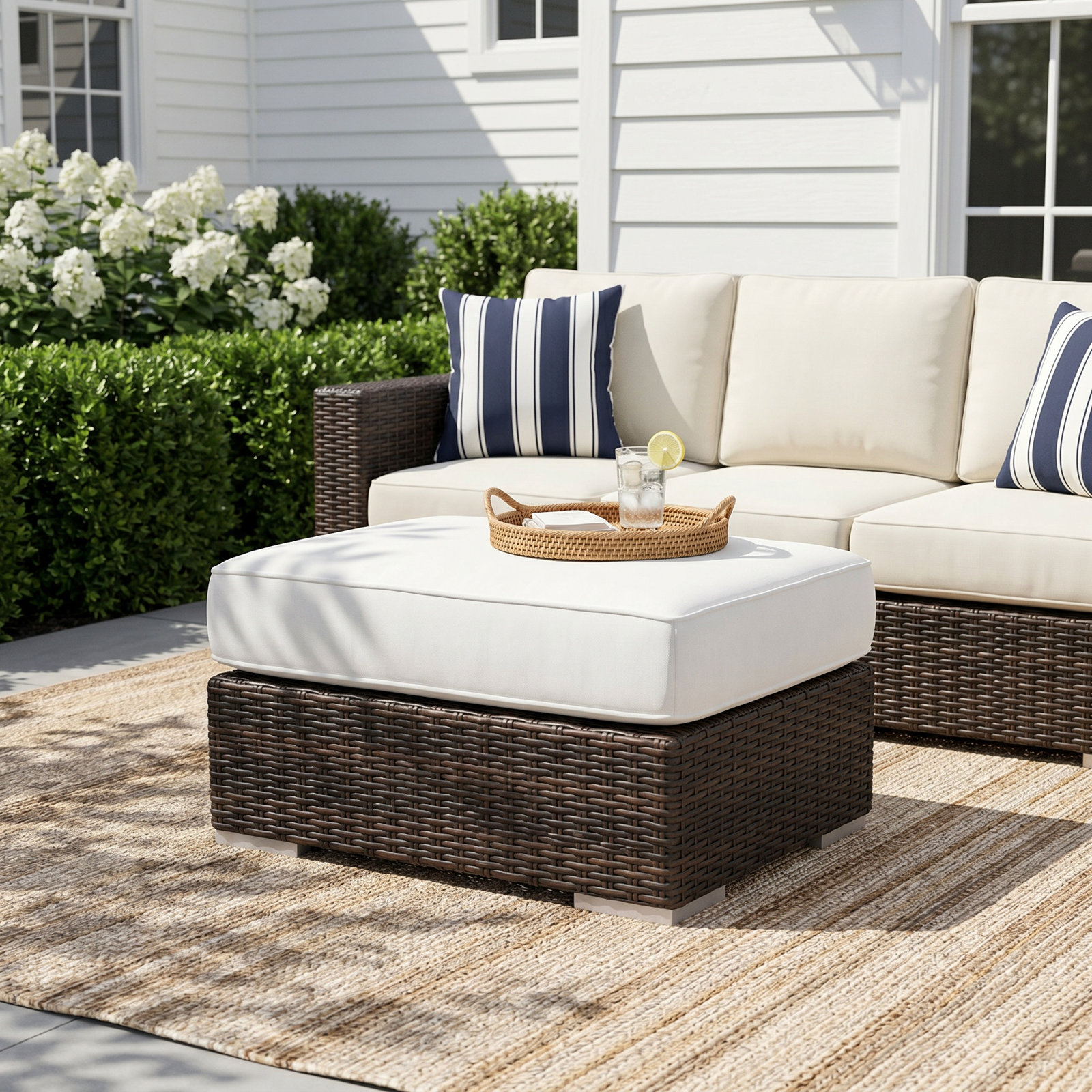 Upholstered Outdoor Ottoman with Cushion, Canvas Flax Sunbrella® Canvas