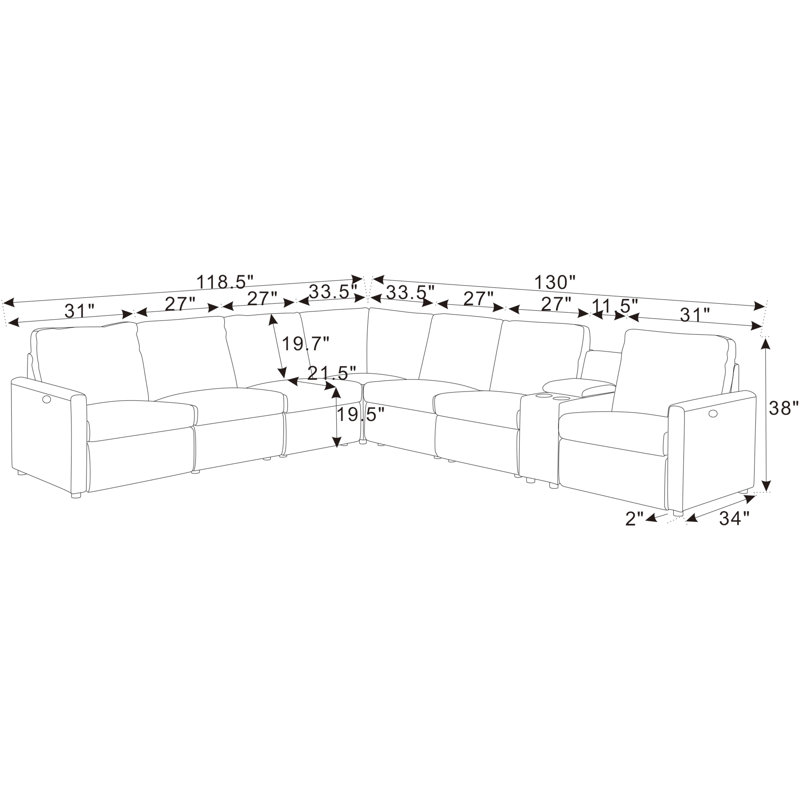 Canapé modulaire inclinable Cognac Luxe, H 38 po x l 130 po x P 118,5 po