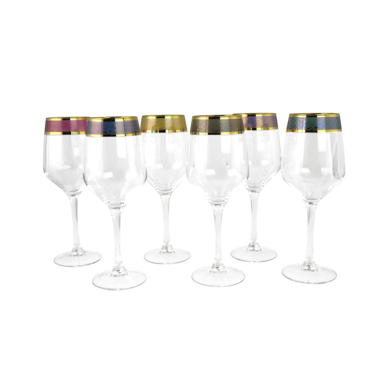 Elegant Gold Rimmed Multicolor Wine Glass Set, 8.75 Inches