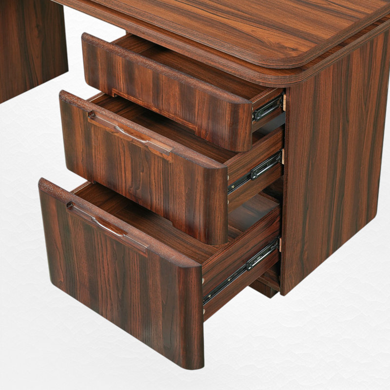 360° Rotating L-Shaped Executive Desk With 3 Drawers, Walnut