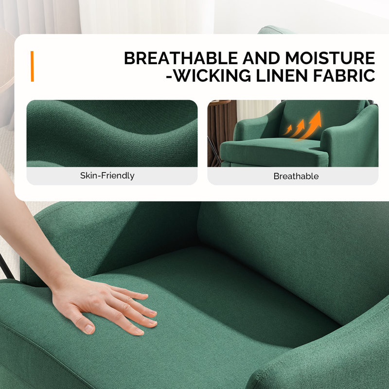  2Pcs Linen Sloping Handrail Small Bedroom Chairs Mid Century Modern Accent Chairs Set Of 2, Dark Green