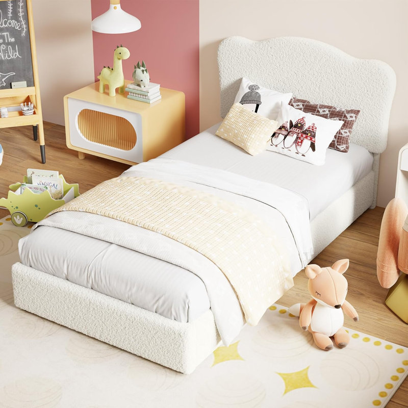 Twin Velvet Kids Bed Frame with 2 Drawers, Noise Free, Beige, Beige, Twin