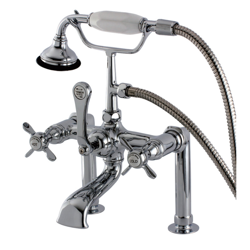 Kingston Brass Essex Three-Handle 2-Hole Deck Mount Clawfoot Tub Faucet with Hand Shower, Polished Chrome