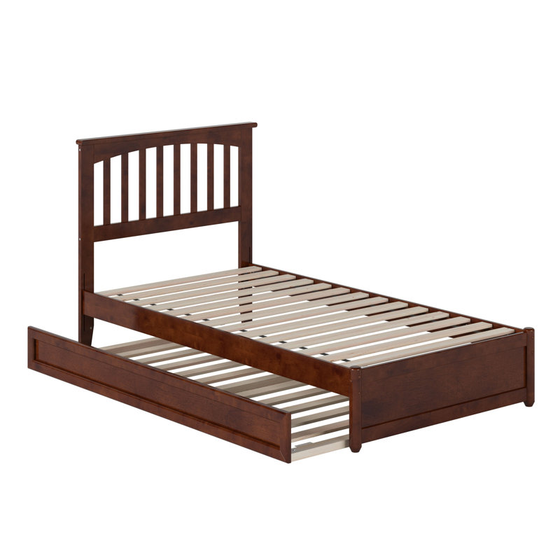 Lit plateforme en bois massif Asparas avec pied de lit et lit gigogne, Simple, Noyers