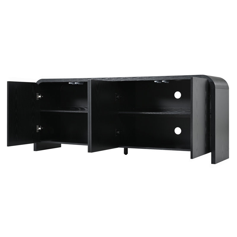 Meuble télé de style ferme aux bords arrondis avec grands placards pour téléviseurs jusqu'à 70 pouces, console multimédia minimaliste en bois veiné avec gestion des câbles, meuble télé de style milieu du siècle avec étagères réglables pour salon, noir