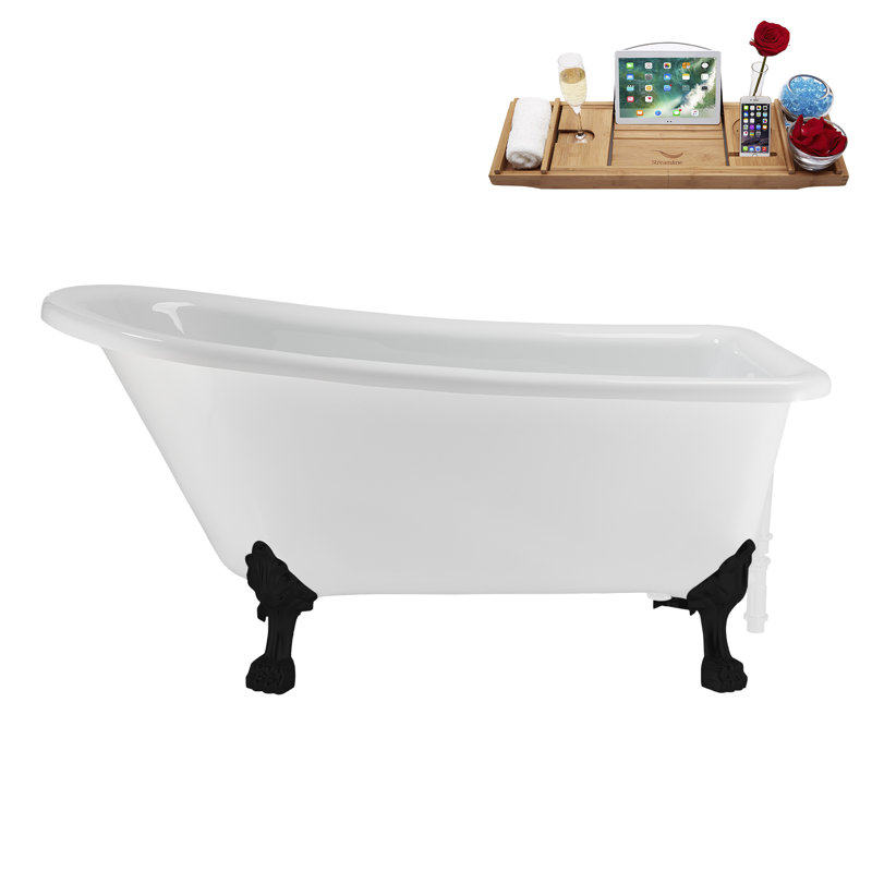 58" Streamlin Clawfoot Tub,Tray,Drain, Clawfeet, Matte Black, Glossy White