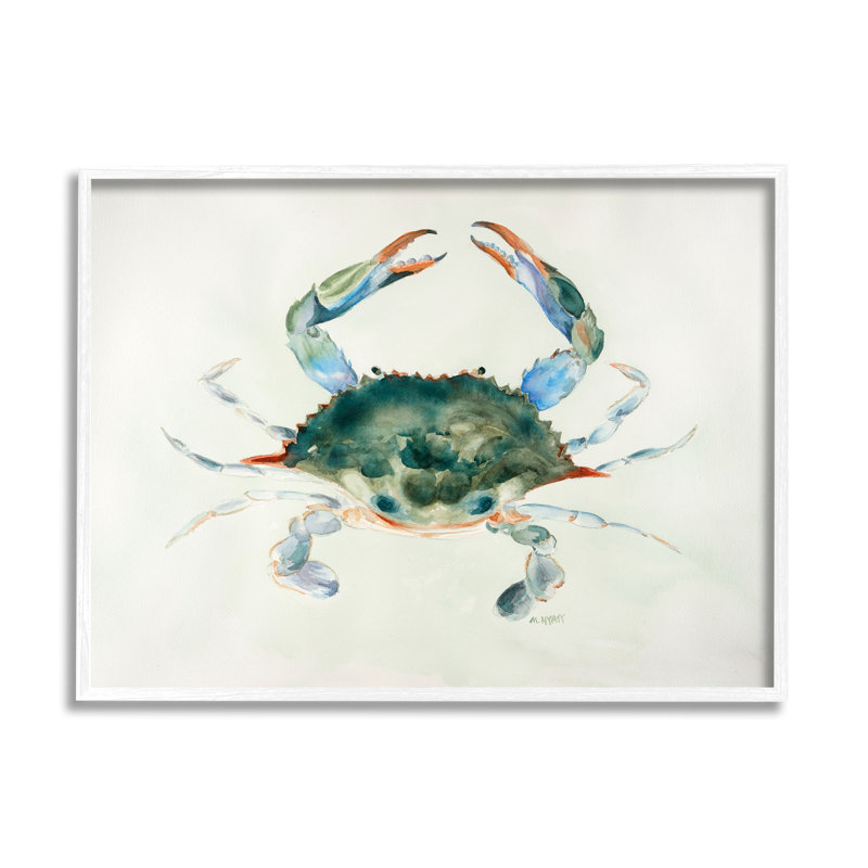 Crabe bleu sur aquarelles douces beiges, H 20 po x l 16 po, Giclée encadrée blanc bord de mer