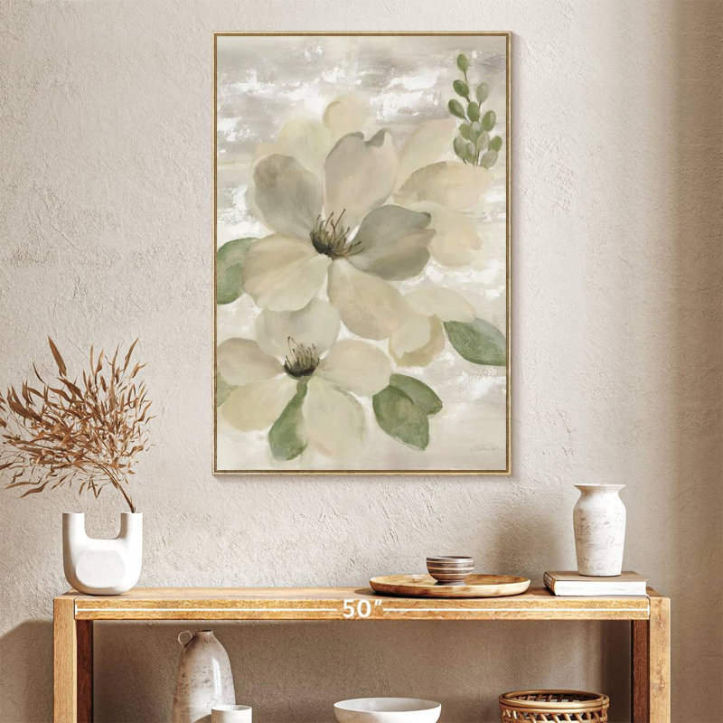 Blanc sur blanc sauge florale, Floating Frame Natural Wood, 27" x 40"