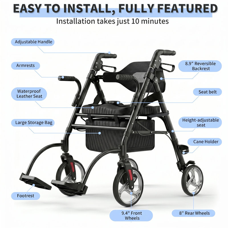 Déambulateur pliable 2 en 1 avec siège et repose-pieds, Black