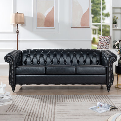 84.65"" PU Rolled Arm Chesterfield Three Seater Sofa -  Alcott HillÂ®, 8C4DF94161064E0E881637C87E28FA3D