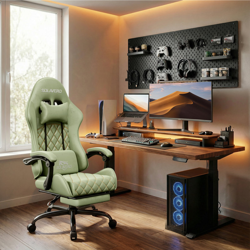  Gaming Chair, High Back Fabric Computer Chair with Pocketed Spring Cushion and Footrest, Height Adjustable Game Chair with Headrest and Massage Lumbar Support, Ergonomic Office Chair for Adults, Green