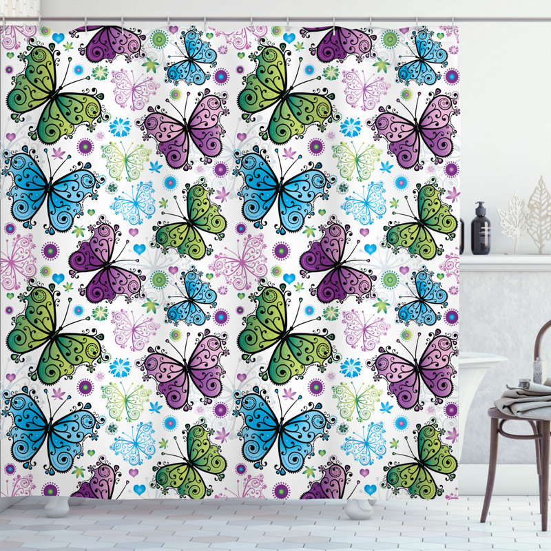 Ensemble de rideau de douche papillon + crochets, H 70 po x l 69 po