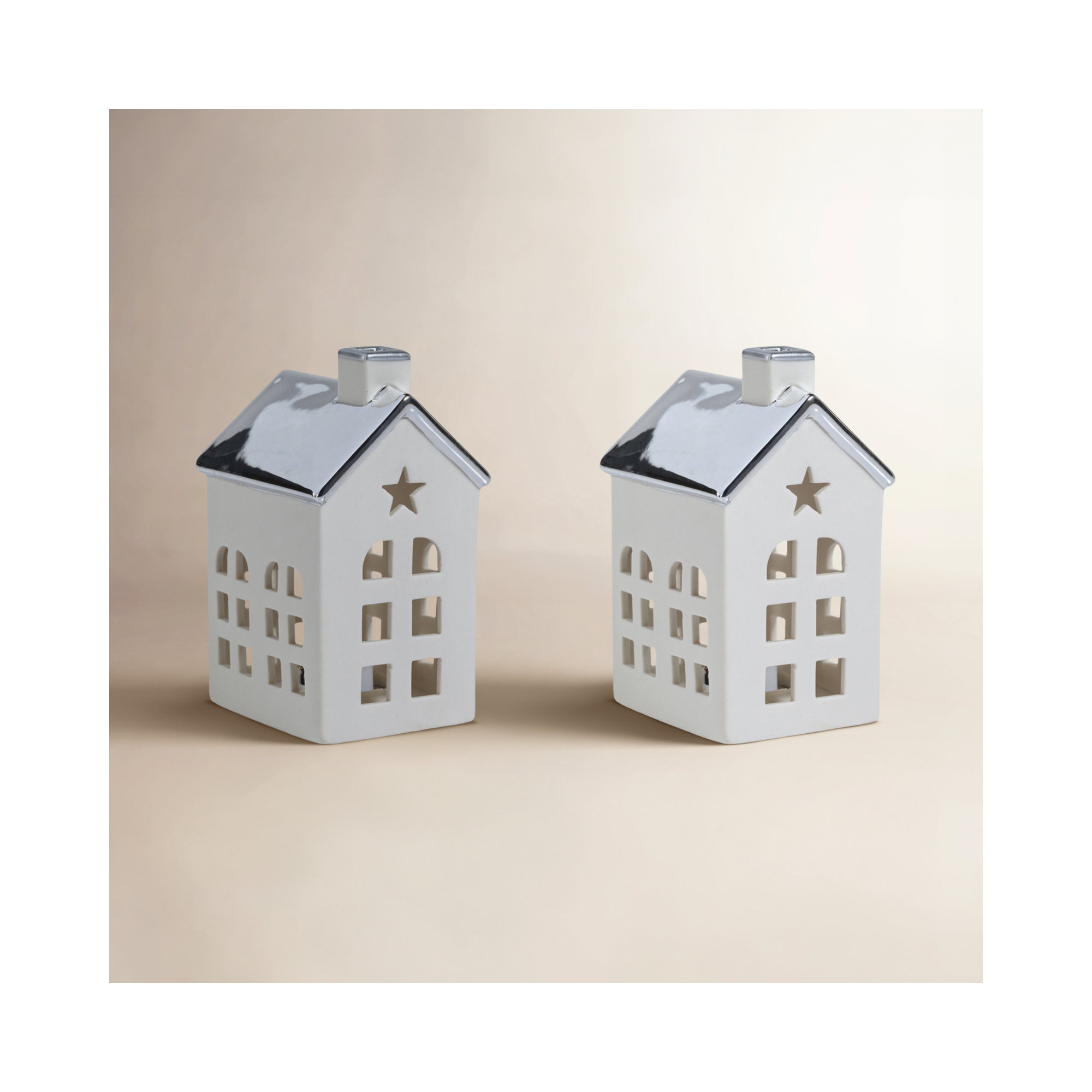 Lilou 2-Piece Set Porcelain LED House with Roof, Silver/White, 4.25" H x 3" W x 2.5" D