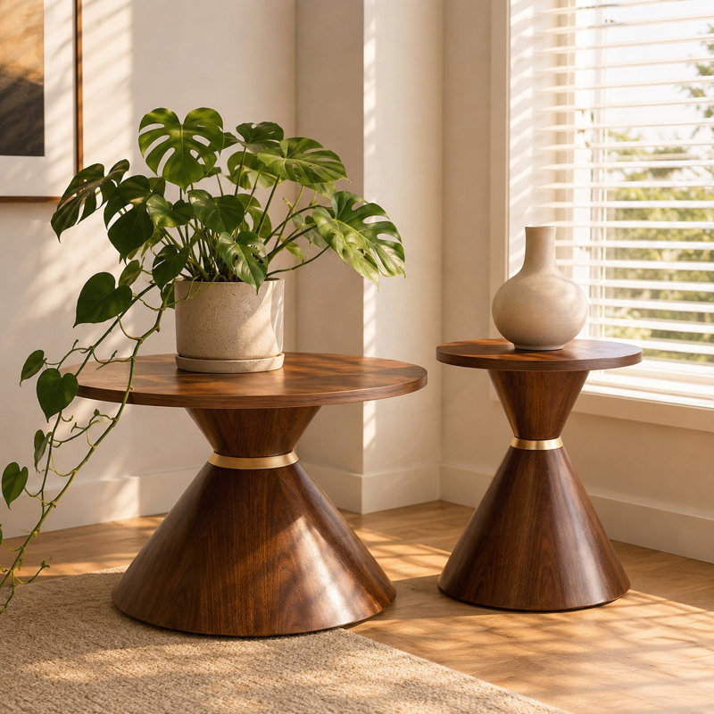 Ensemble de tables basses sculpturales gigognes avec finition noyer et base en acier au carbone