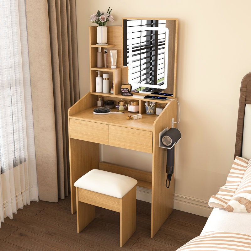 Table de coiffeuse avec miroir éclairé à DEL, prise de courant et porte-séchoir à cheveux