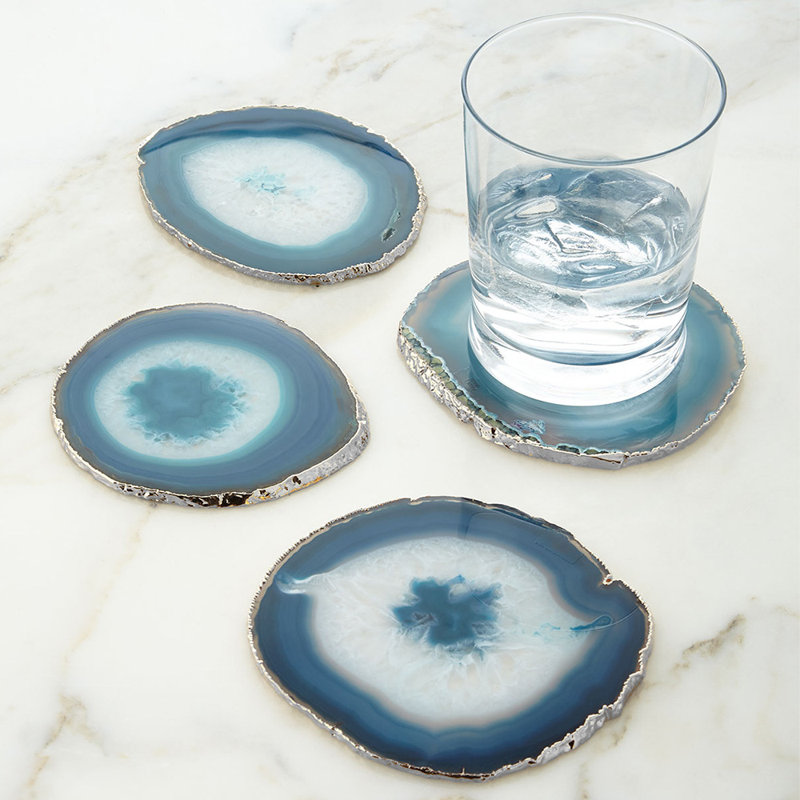 Dessous de verre en pierre d’agate, Bleu / Argent
