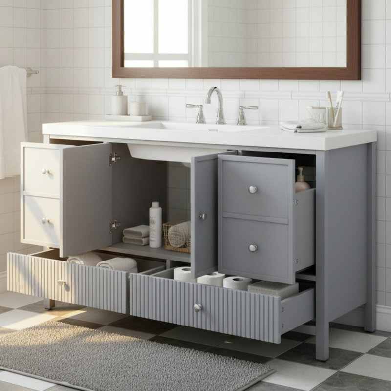 Modern 60" Vanity Cabinet With Sink, Solid Wood & Large Storage