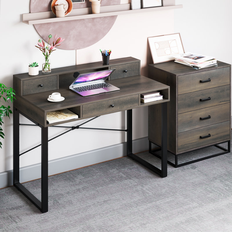 Metal Base Writing Desk, Dark Brown