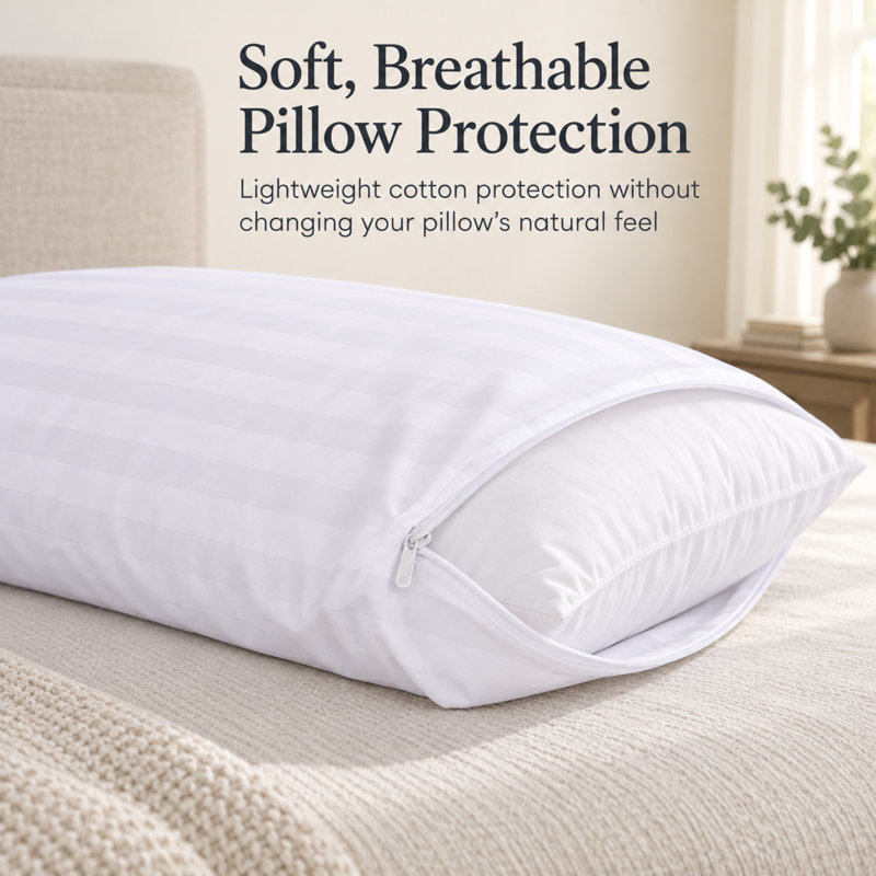 300 Thread Count 100% Cotton Damask Stripe Zippered Pillow Protectors — Set of 2, Queen