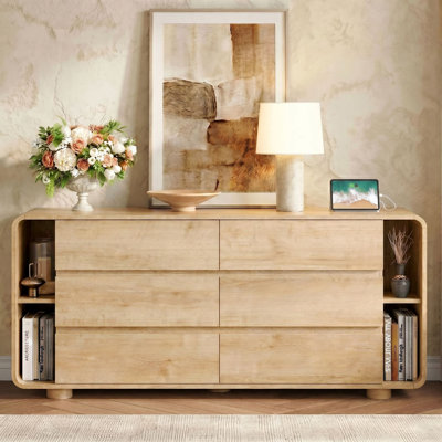 6 Drawer Dresser with Shelves, 63‘’ Wide 17.7‘’ Depth Large Chest of Drawers for Bedroom, Curved Design Modern TV Stand, Wood Closet Storage Organizer for Living Room, Natural Oak