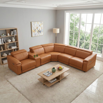 Modern Genuine Leather Power Reclining Sectional Set With Wild Seat-Brown