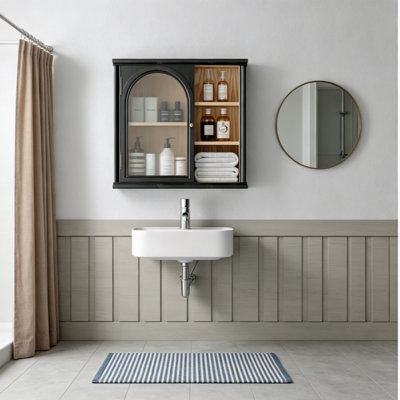 Armoires et étagères de salle de bain, armoire flottante murale à porte coulissante carrée avec porte arquée et tablettes réglables, armoire de rangement murale polyvalente pour garde-manger, salle de lavage de salle de bain