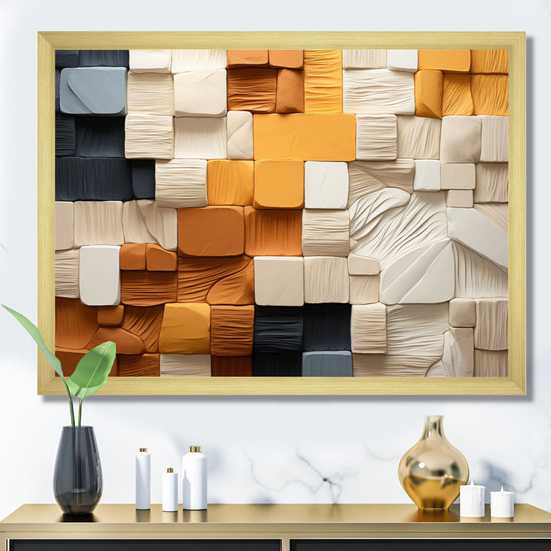 Cubique jaune et gris II sur toile, H 34 po x l 44 po x P 1,5 po, Encadrement doré