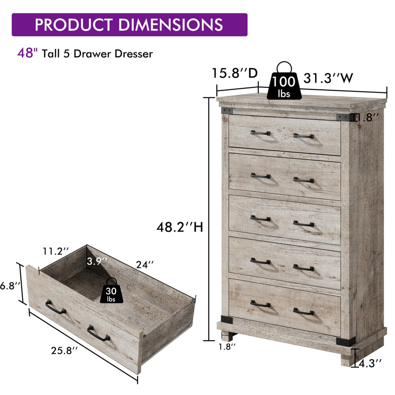 Farmhouse 48" H 5 Drawers Dresser withAmple Storage Space,Light Gray, Light Gray