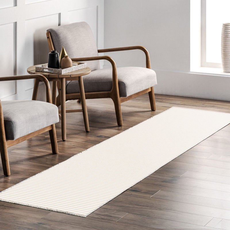 Pender Beige Striped Cotton Chenille Area Rug, Rectangle 5'3" x 5'11"