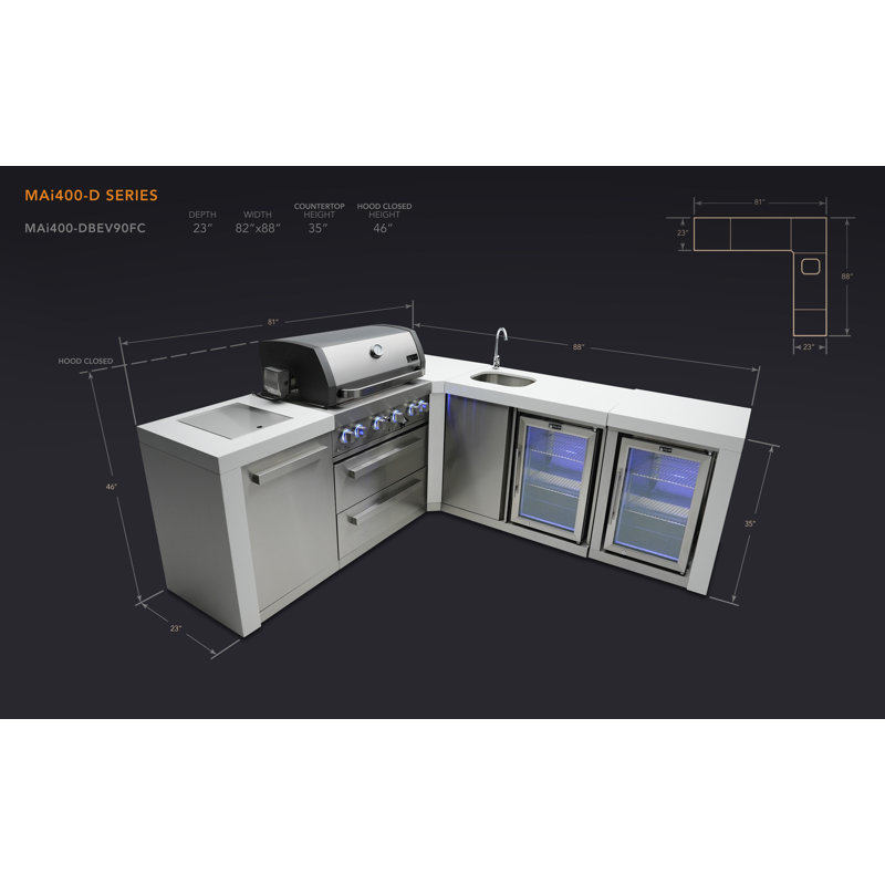 Mont Alpi 4-Burner 90 Degree Stainless Steel Outdoor Island Grill + Faucet & Sink + 2 Refrigerators