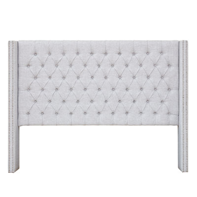 Tête de lit tapissier avec sensation luxueuse, boutons, garniture cloutée, pieds noirs, gris, P 8,48 po x H 60,75 po