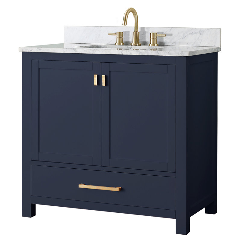 Modero 36" Single Bathroom Vanity with Top, Navy Blue, Cala White Marble, Gold