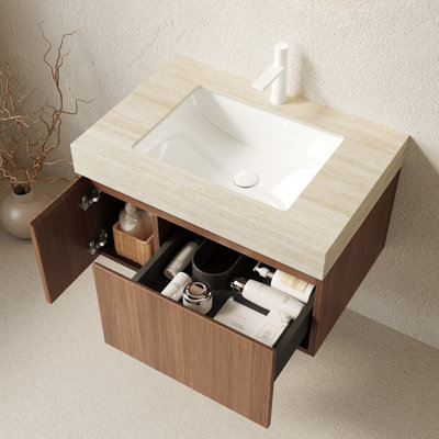 Meuble-lavabo et lavabo de salle de bain, armoire de rangement en contreplaqué flottant avec tiroir et porte, comptoir en pierre frittée Roma Travertine et lavabo en céramique avec 1 trou de robinet pré-percé, pré-assemblé