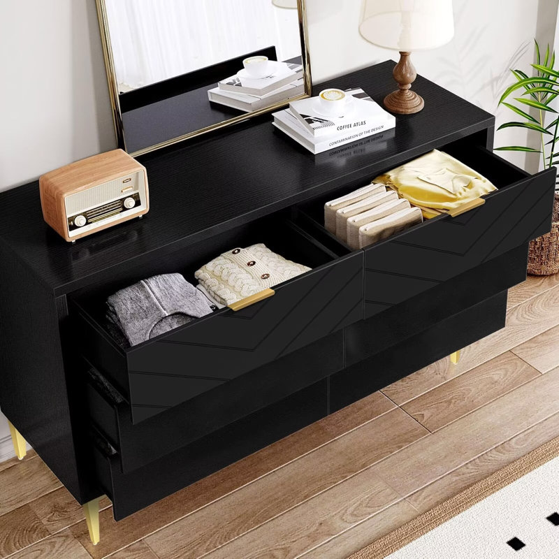 Commode double 6 tiroirs moderne noire, Noir, noir, noir, noir