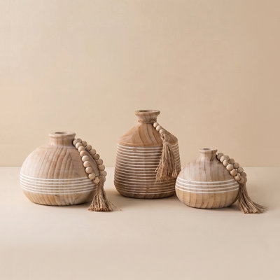 3-Piece Solid Wood Decorative Vase Set - Natural Boho Centerpieces with Beaded Tassels & White Carved Grooves for Dried Florals
