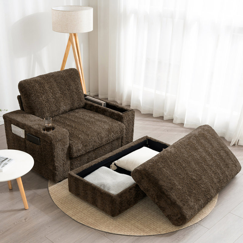 Oversized Chaise Lounge Indoor,Faux Rabbit Fur Sofa Bed with Storage Ottoman and Armrests, Brown