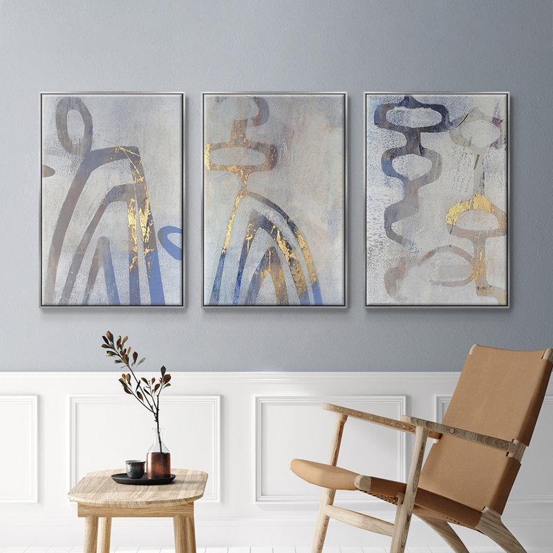 Linx I, ensemble de 3 toiles encadrées sur toile, Encadrement argenté, H 27 po x l 54 po x P 2 po