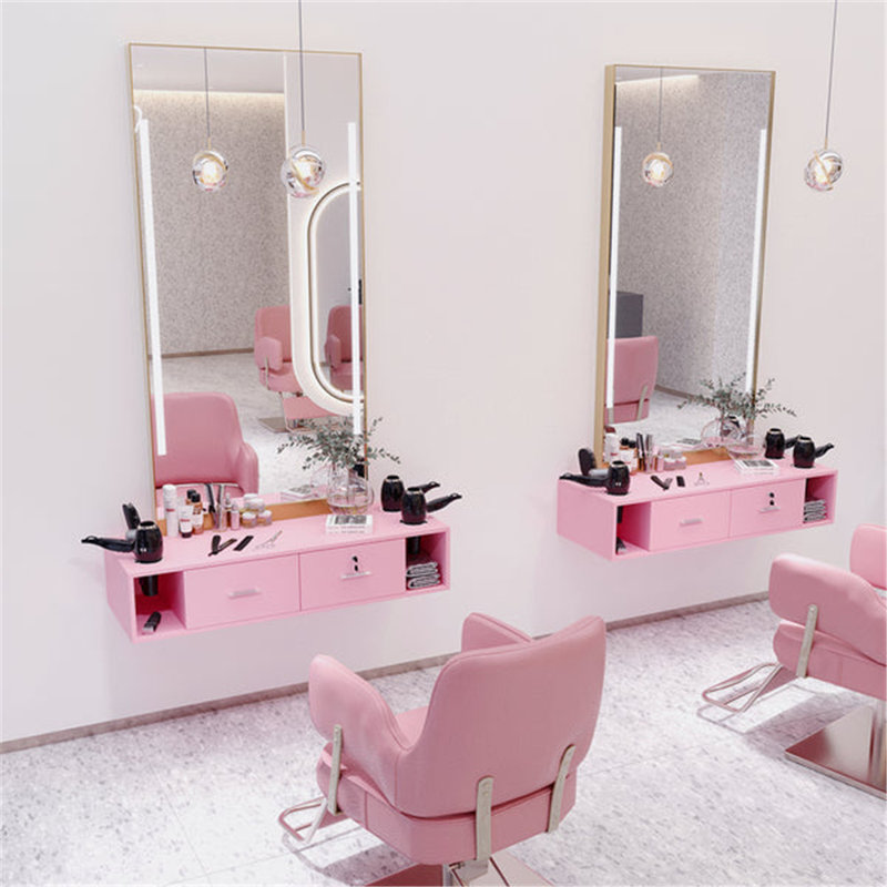 Wall Mount Salon Styling Station With 2 Lockable Drawers, Pink