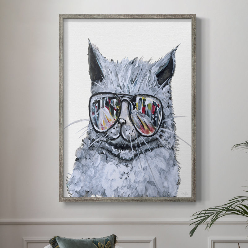 «Kitty with Shades», reproduction encadrée - bois massif