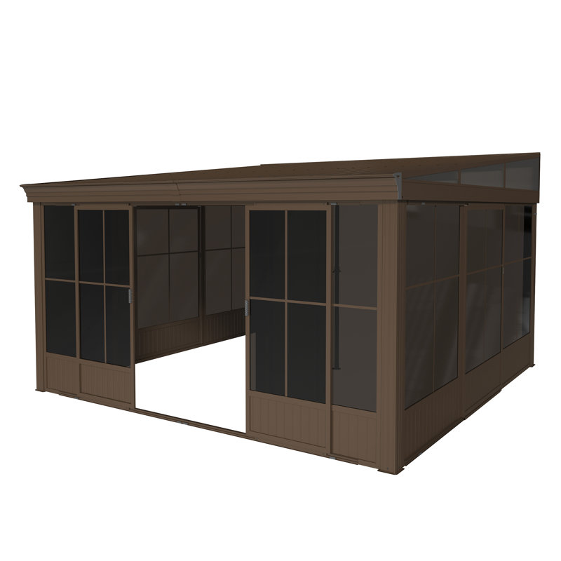 12x14ft Galvanized Steel Sloping Roof Wall Mounted Sunroom, Against Wall Solarium With Detachable Pvc Screen, Lockable Sliding Front And Side Doors