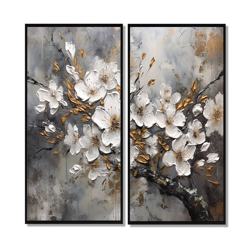«White Grey Cherry Blossum Harmony I», reproductions d'art traditionnel sur toile, H 20 po x l 24 po, Noir