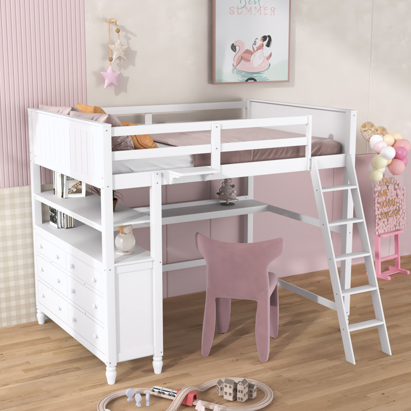 Dorie Kids 6 Drawers Wooden Loft Bed With Desk and Shelves, White, Twin