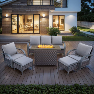 Wyland Industrial Style Outdoor Fire Pit Set - 2 Swivel Glider Chairs, 3-Seat Sofa, 41" Propane Gas Fire Pit, 2 Ottomans With Weather-Resistant Cusions