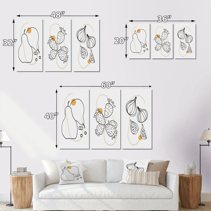 Organic Hipster Fruits III - ensemble de 3 impressions sur toile tendue, H 32 po x l 48 po