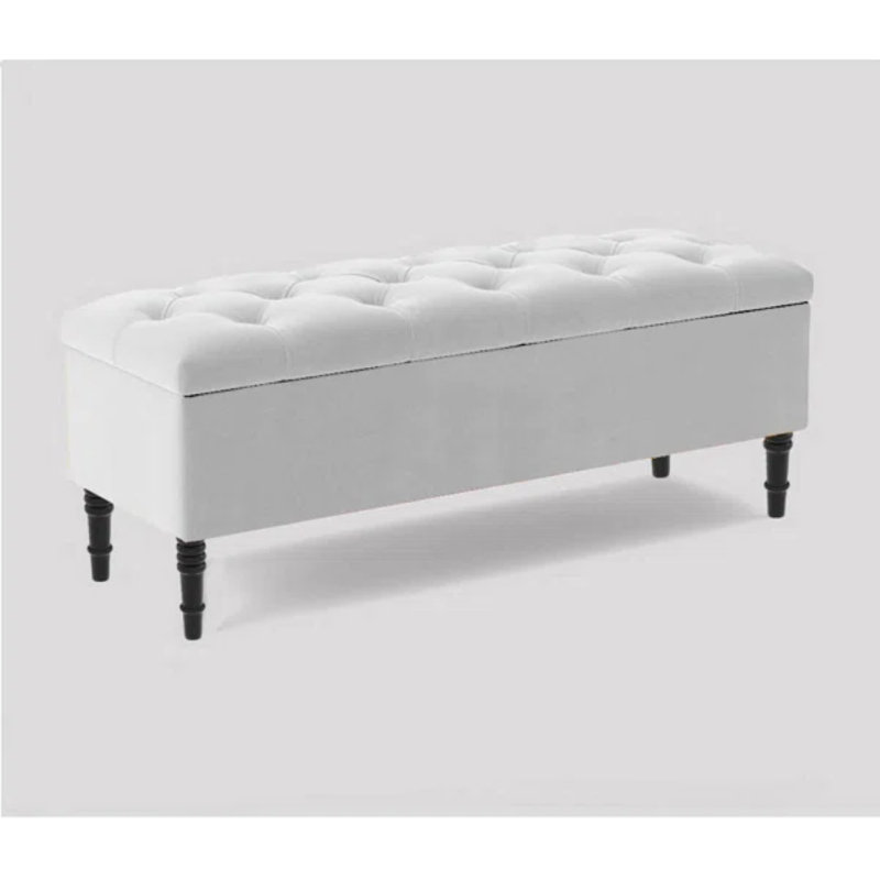 Swiss Chesterfield Ottoman Storage Bench - Upholstered Plush Velvet Shoes Bench with Black Turned Wooden Legs, White Plush