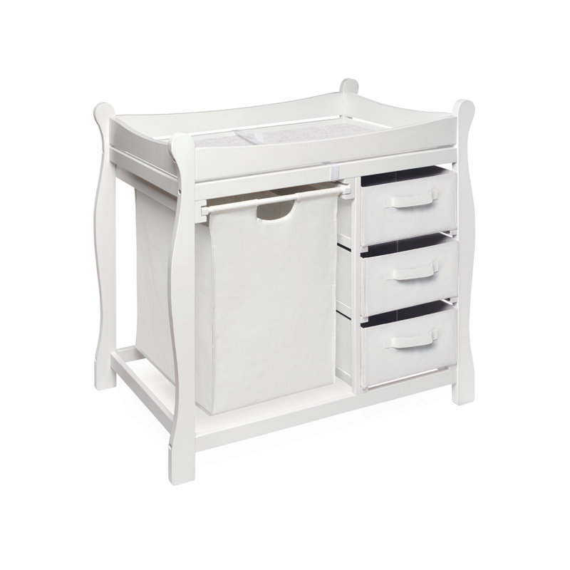 Degraff Deluxe Sleigh Style Changing Table with Pad, 3 Baskets and Hamper, White