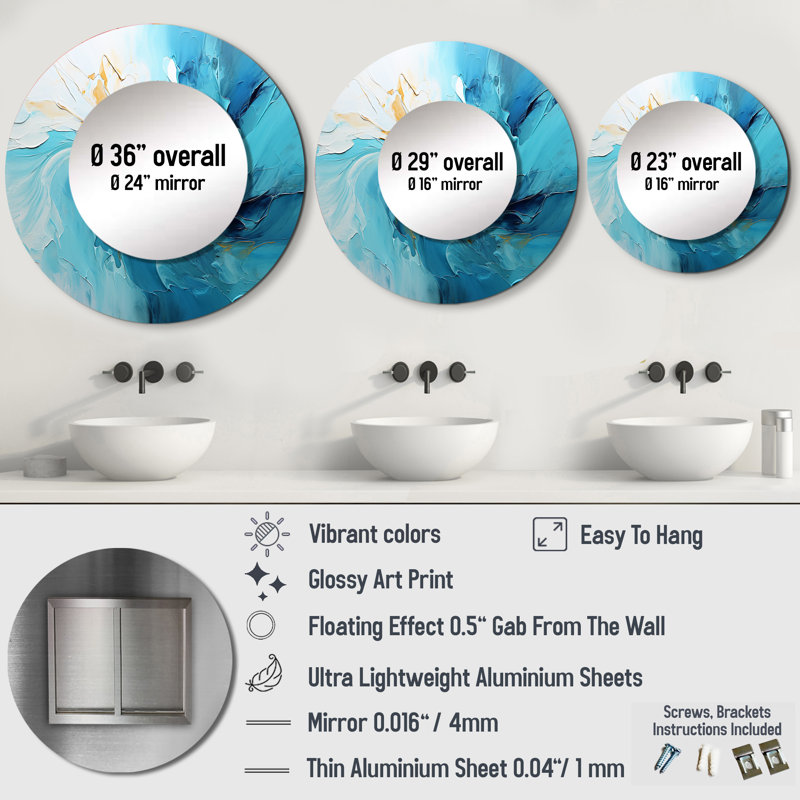 Azure Symphony I - Landscapes Decorative Wall Mirror, Teal Round Mirror, Printed Metal Art, 23" x 23"
