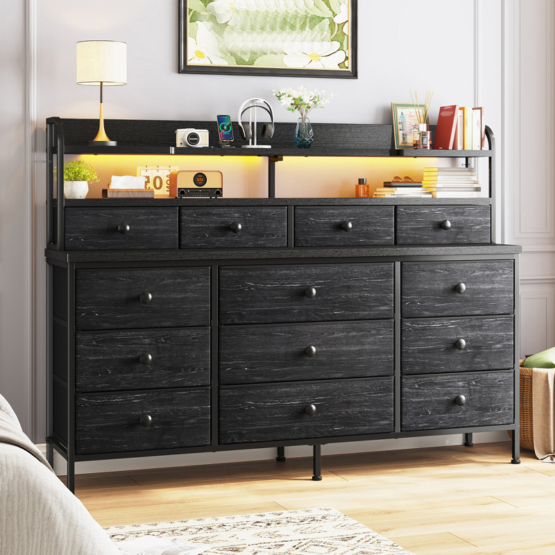 51.2" W Dresser For Bedroom With 13 Drawers And Led Light, Long Dressers With 3-Tier Open Shelf, Black