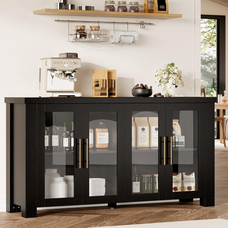 Buffet 59 po avec rangement, crédence avec portes en verre trempé, buffet 4 portes en bois pour le salon, la salle à manger, la cuisine, noir