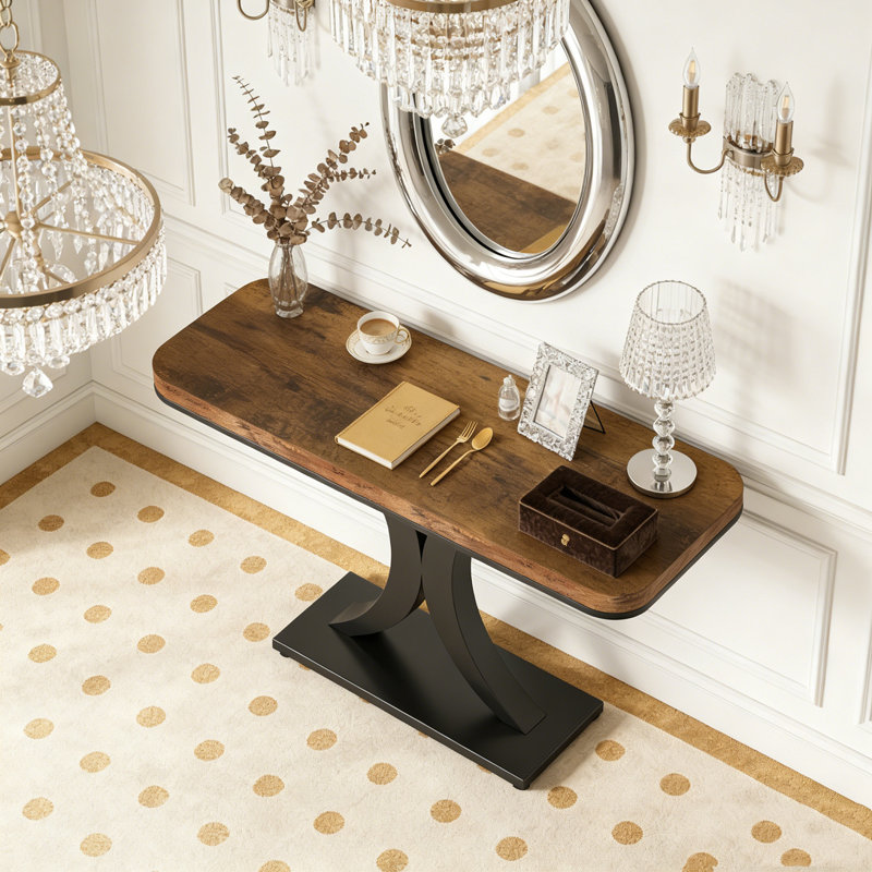 Table de vestibule étroite avec base géométrique, Brun rustique et noir